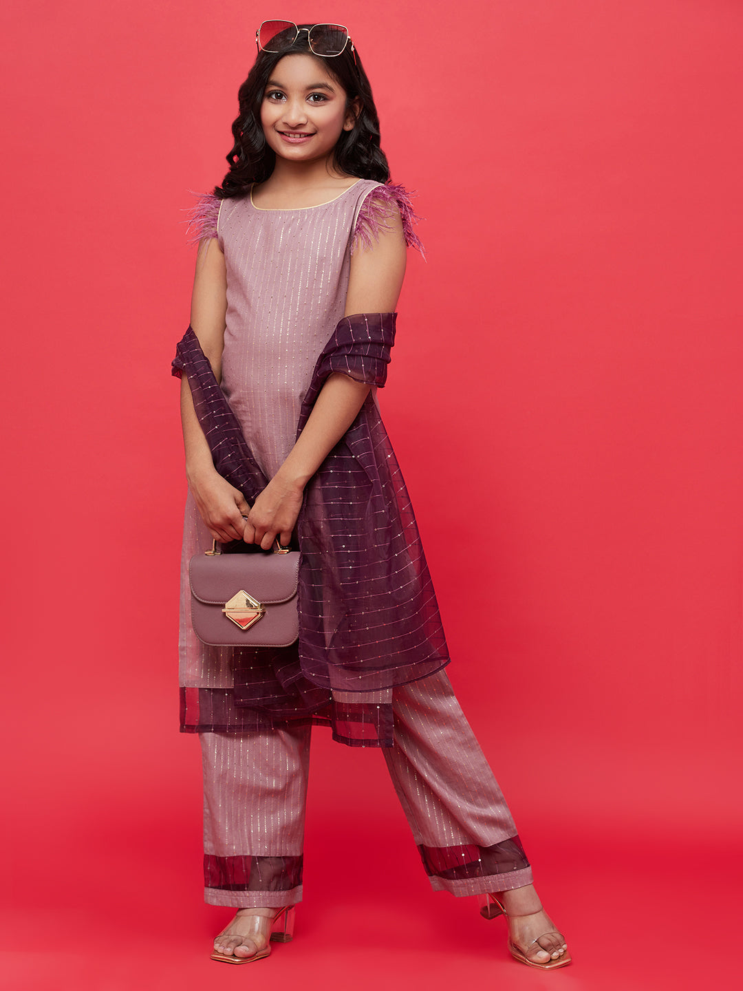 Girl's Brown Kurta Palazzo With Sequin Dupatta