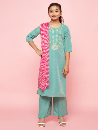 Girl's Green Embroidered Kurta Palazzo With Dupatta