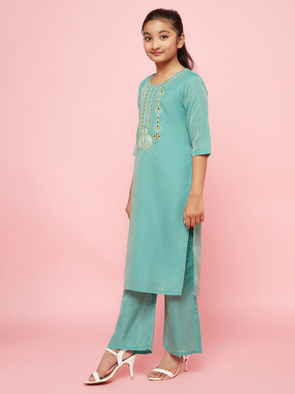 Girl's Green Embroidered Kurta Palazzo With Dupatta