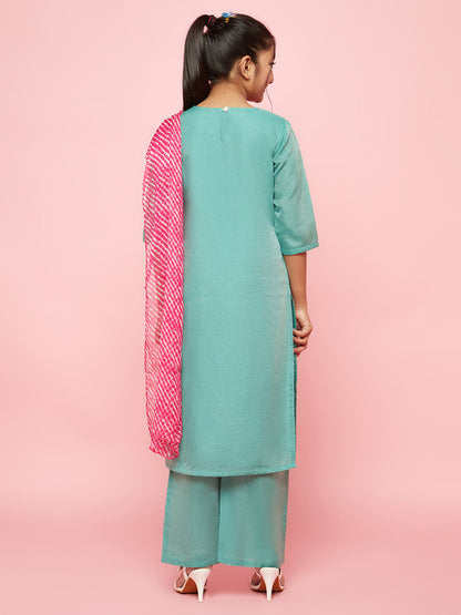 Girl's Green Embroidered Kurta Palazzo With Dupatta