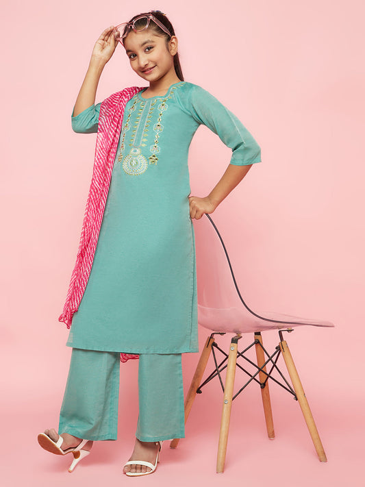 Girl's Green Embroidered Kurta Palazzo With Dupatta