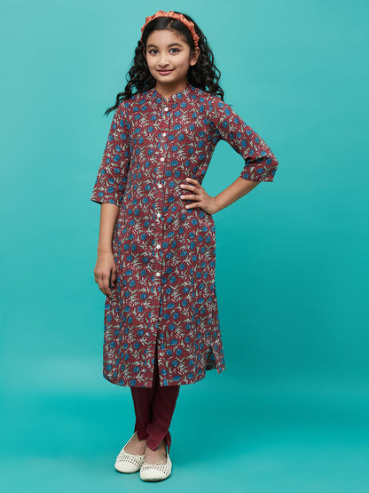 Girl's Maroon Floral Print Button Down Kurta With Pant