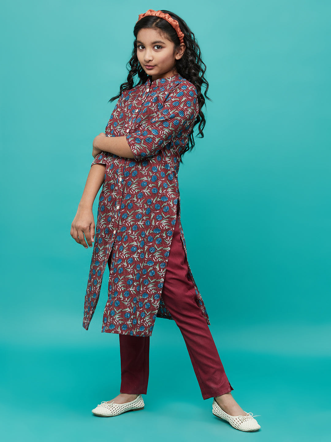 Girl's Maroon Floral Print Button Down Kurta With Pant