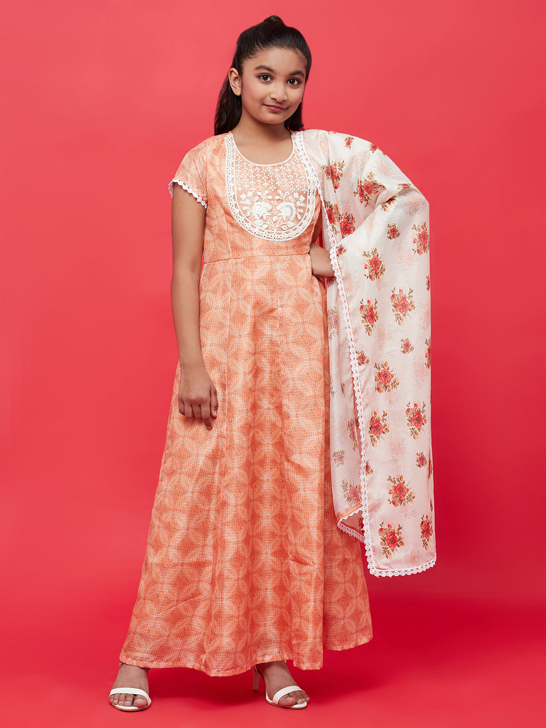 Girl's Peach Embroidered Yoke Maxi Dress With Dupatta