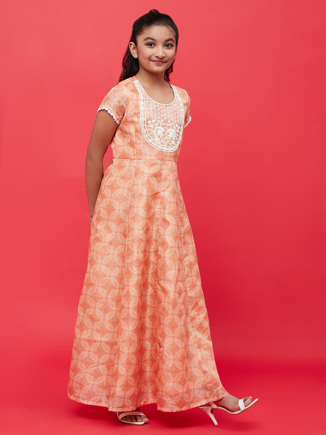 Girl's Peach Embroidered Yoke Maxi Dress With Dupatta