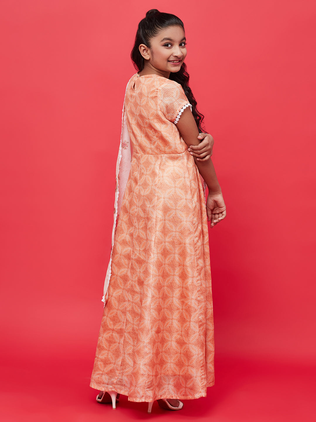 Girl's Peach Embroidered Yoke Maxi Dress With Dupatta