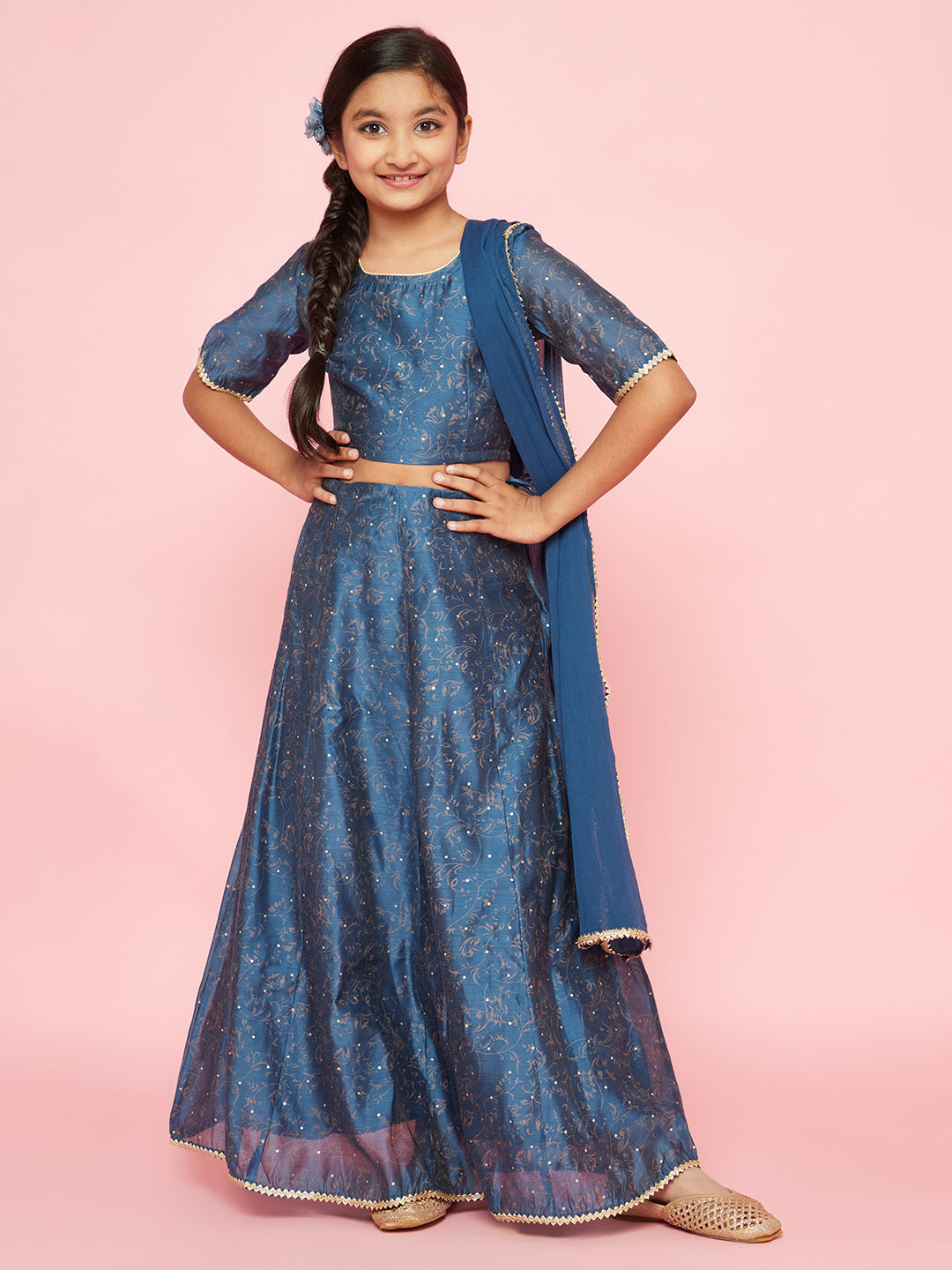 Girl's Blue Printed Lehenga Choli With Dupatta