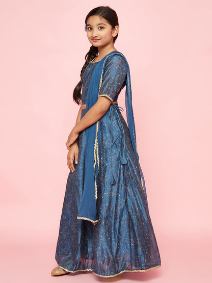 Girl's Blue Printed Lehenga Choli With Dupatta