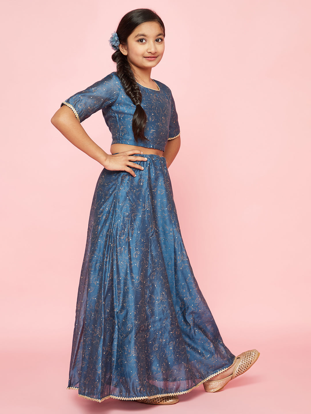 Girl's Blue Printed Lehenga Choli With Dupatta