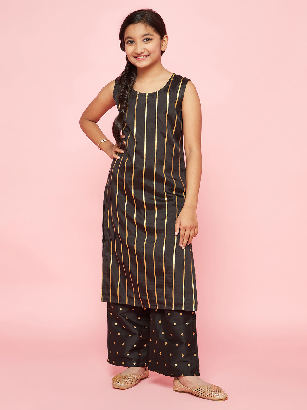 Girl's Black Zari Work Striped Kurta With Palazzo