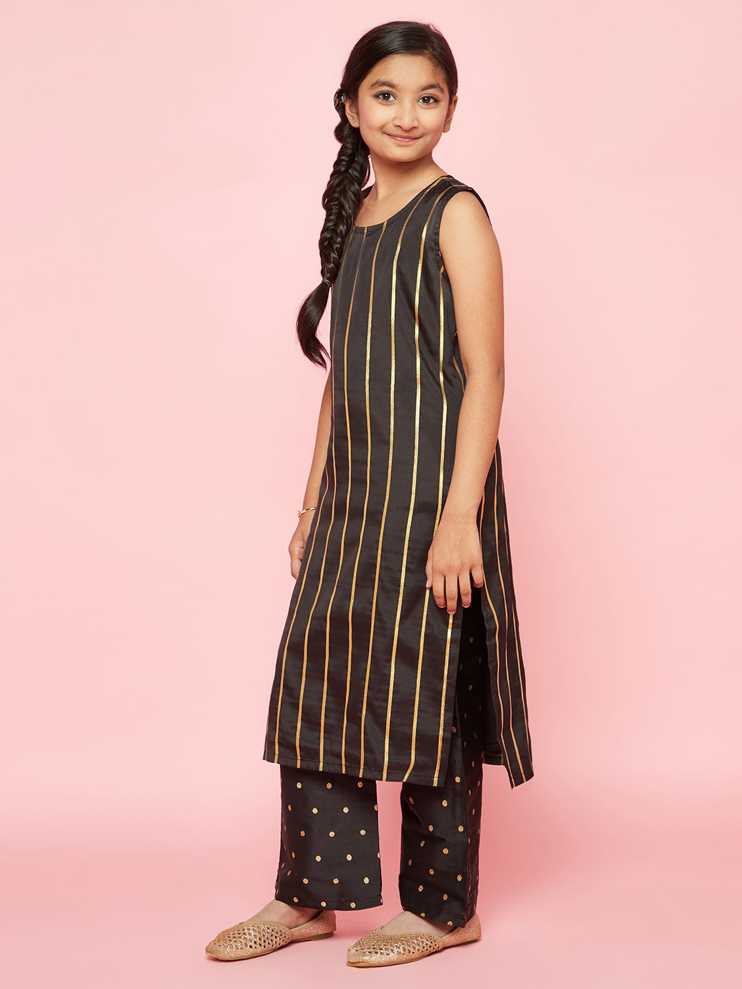 Girl's Black Zari Work Striped Kurta With Palazzo