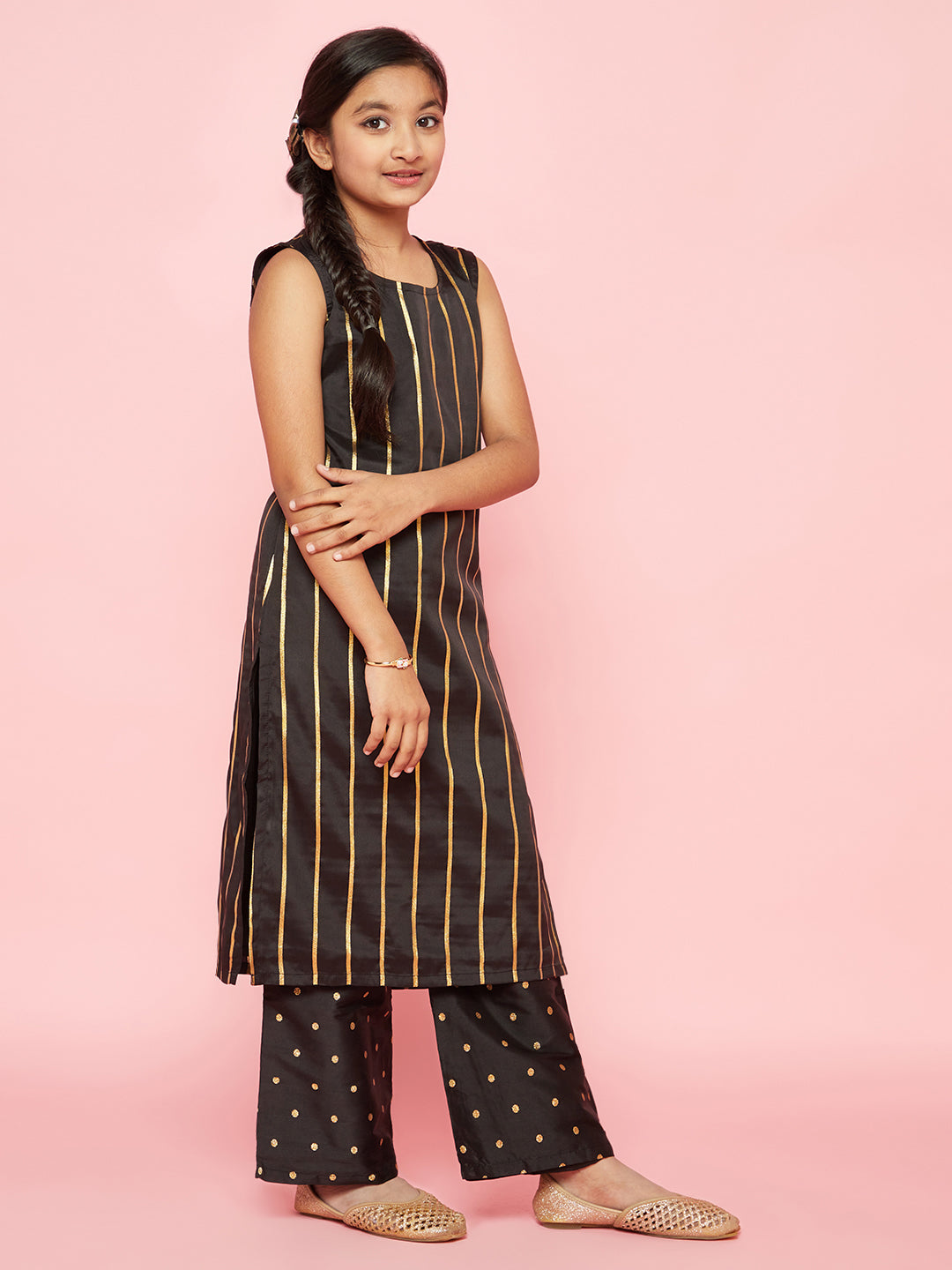 Girl's Black Zari Work Striped Kurta With Palazzo