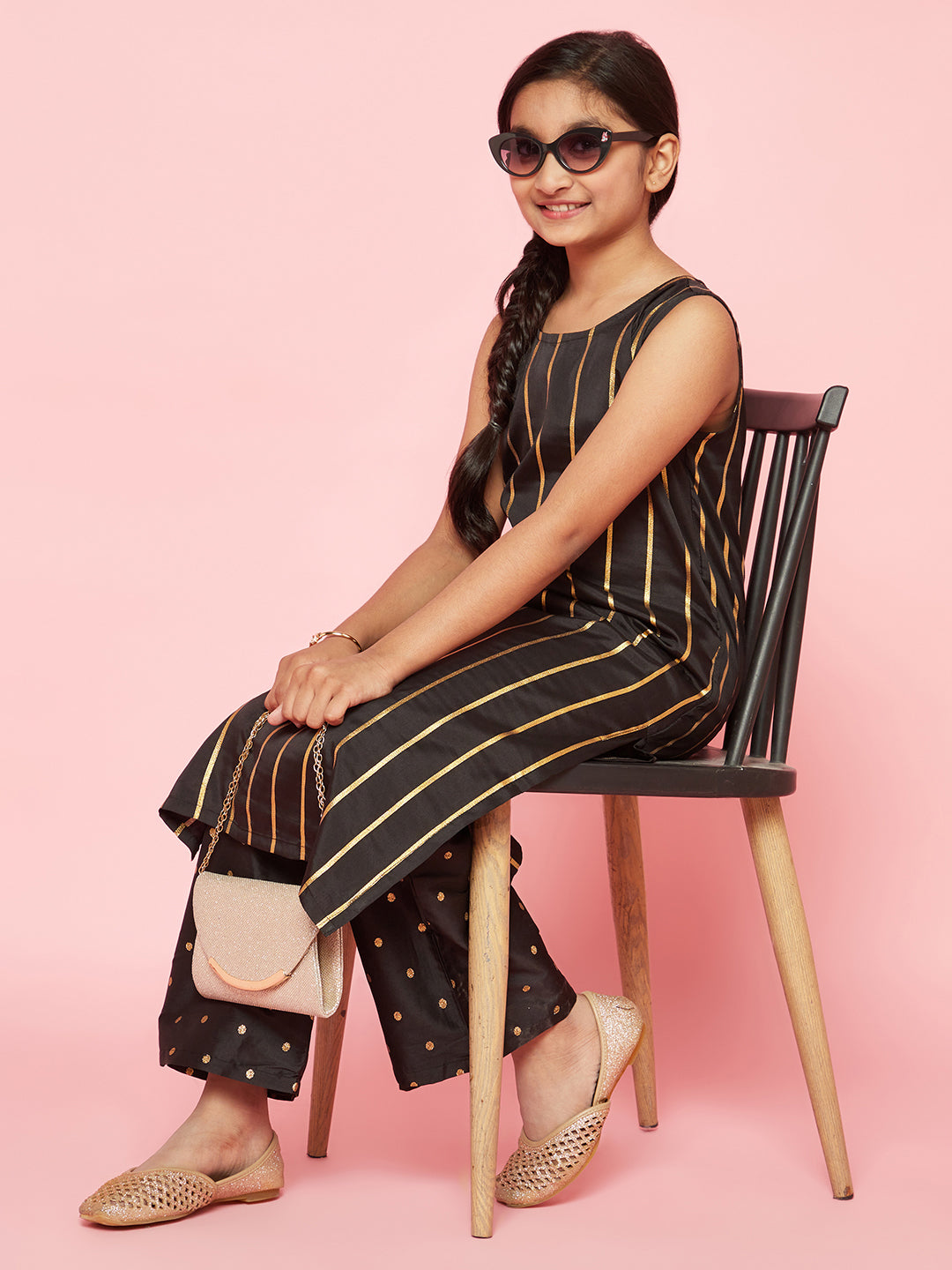 Girl's Black Zari Work Striped Kurta With Palazzo