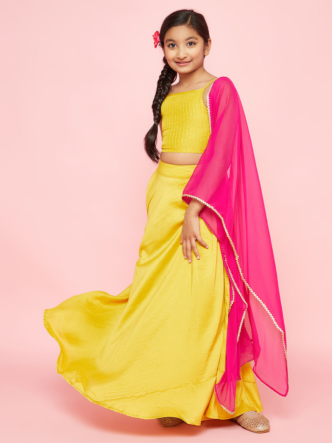 Girl's Yellow Embellished Lehenga Choli With Dupatta