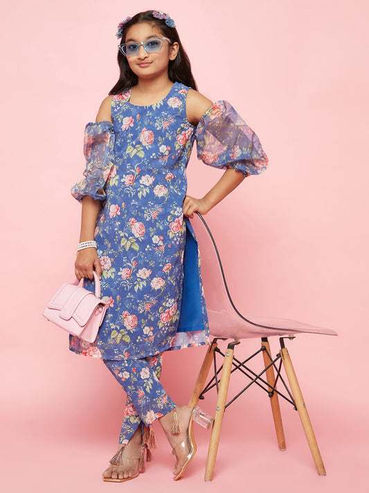 Girl's Blue Floral Print Kurta With Pant