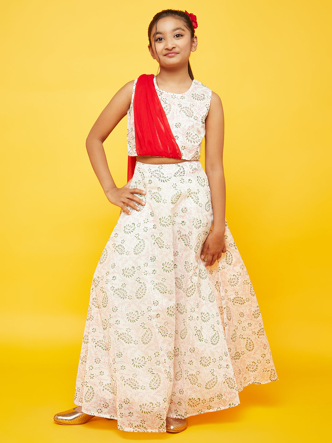 Girl's White Block Print Lehenga Choli With Attatched Dupatta