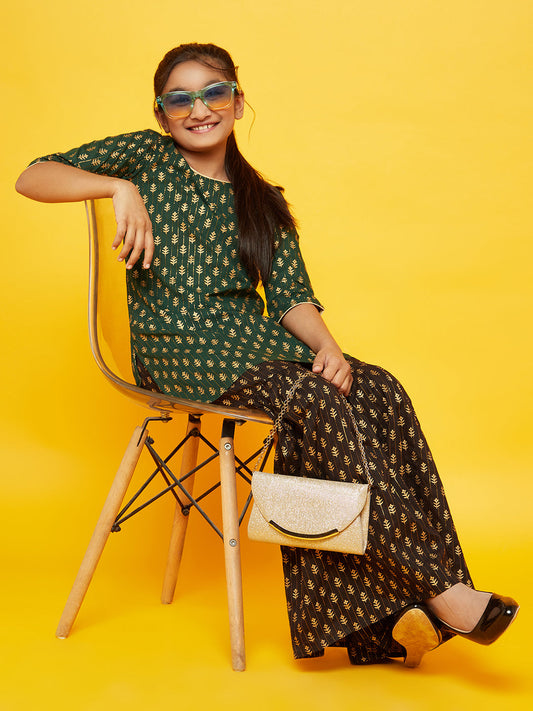 Girl's Green Gold Print Kurta With Sharara