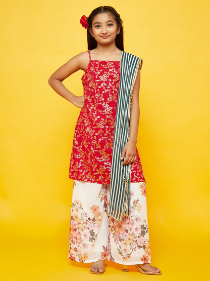 Girl's Red Floral Print Kurta With Dupatta