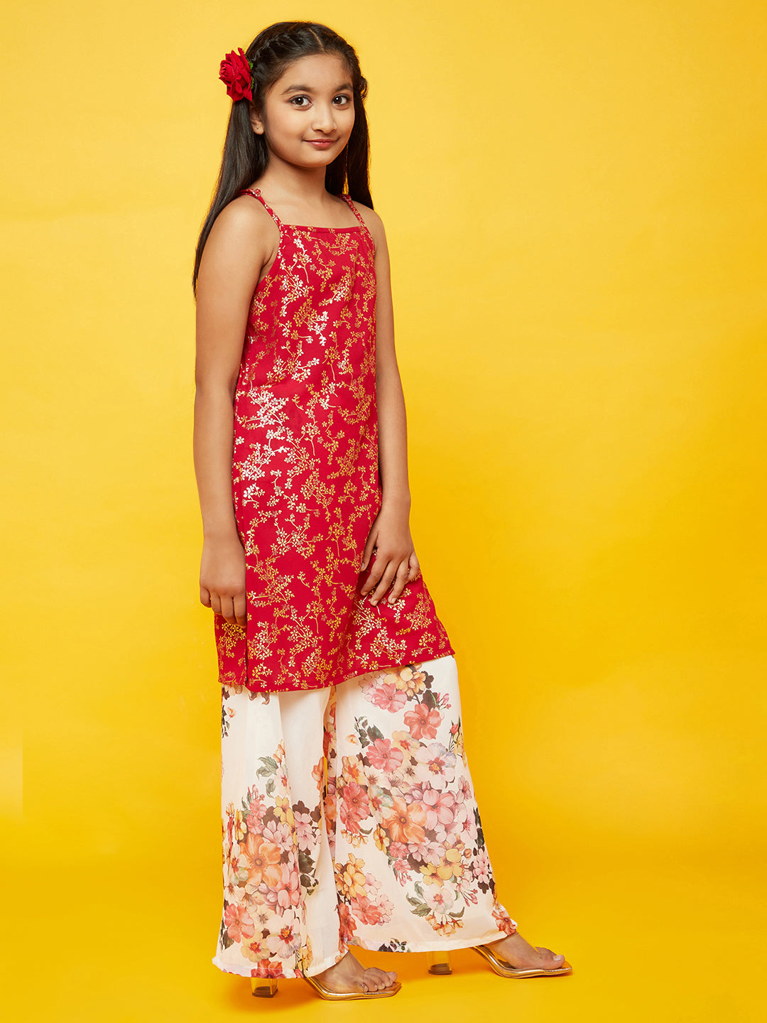 Girl's Red Floral Print Kurta With Dupatta