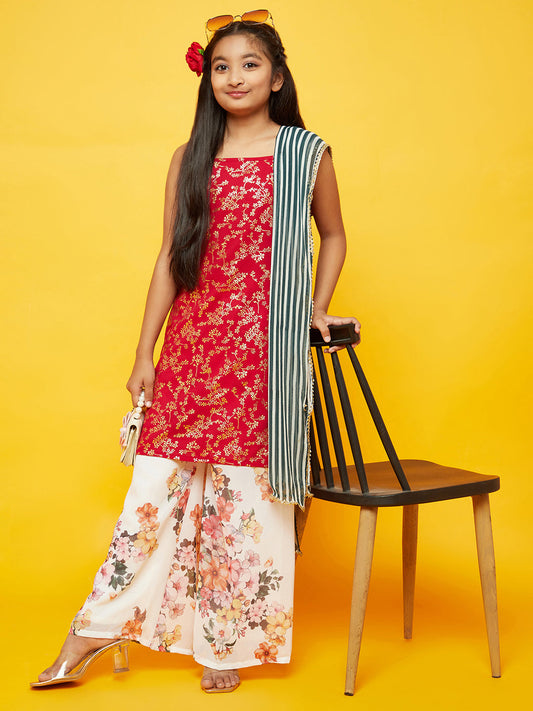 Girl's Red Floral Print Kurta With Dupatta