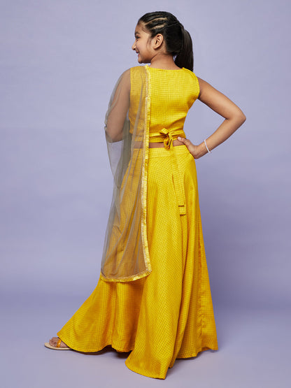 Girl's Yellow Checked Lehenga Choli With Dupatta