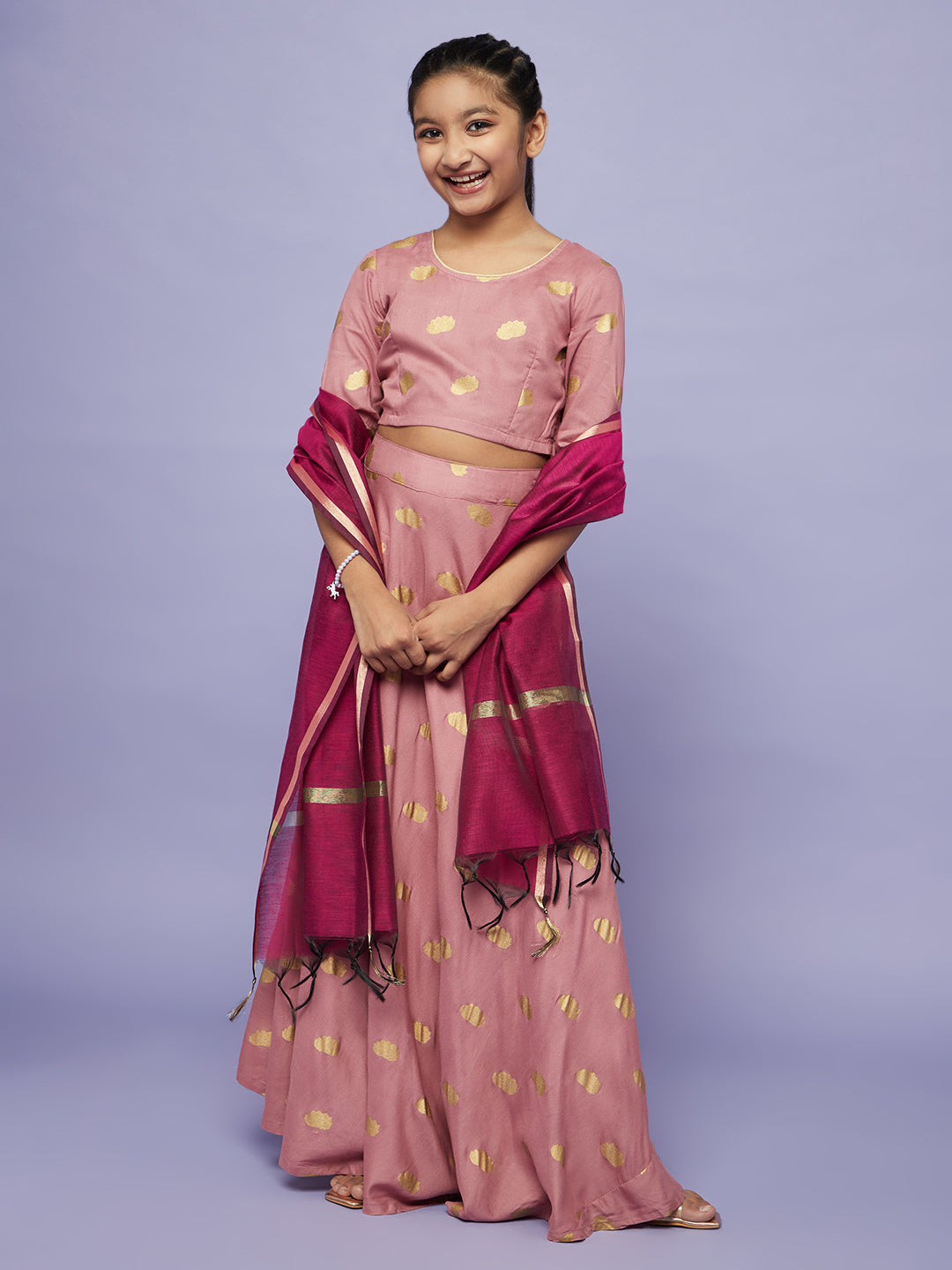 Girl's Mauve Gold Printed Lehenga Choli With Dupatta Set