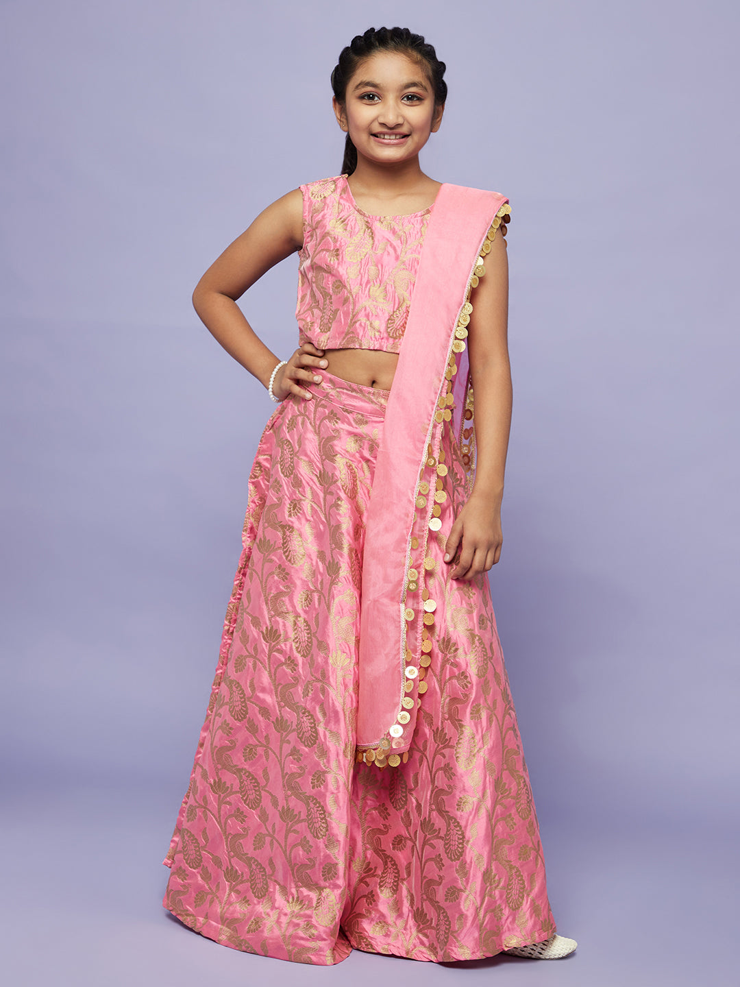 Girl's Pink Brocode Lehenga Choli With Dupatta