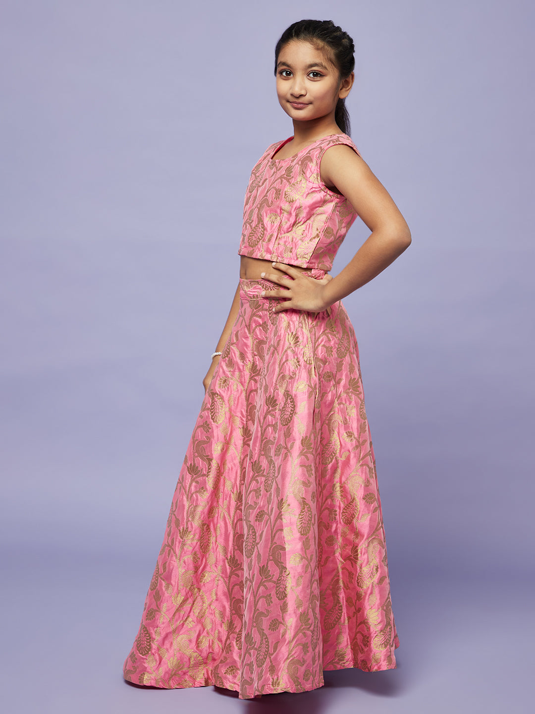 Girl's Pink Brocode Lehenga Choli With Dupatta