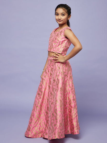 Girl's Pink Brocode Lehenga Choli With Dupatta