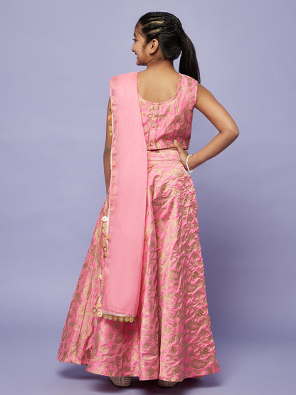 Girl's Pink Brocode Lehenga Choli With Dupatta