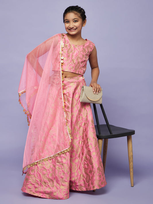 Girl's Pink Brocode Lehenga Choli With Dupatta