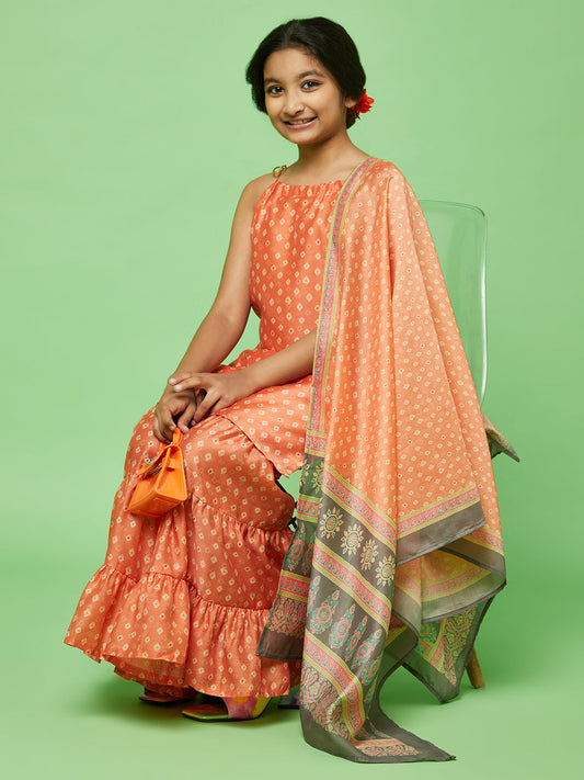 Girl's Orange Digital Print Kurta Sharara With Dupatta