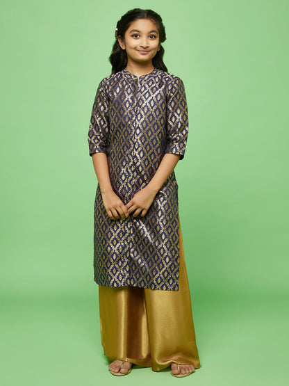 Girl's Navy Blue Floral Pattern Kurta With Palazzo