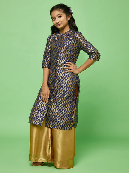 Girl's Navy Blue Floral Pattern Kurta With Palazzo