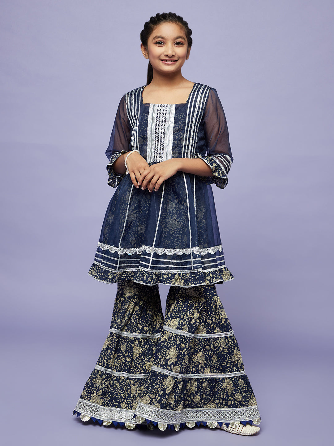 Girl's Navy Blue Floral Print Kurta Sharara With Jacket