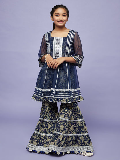 Girl's Navy Blue Floral Print Kurta Sharara With Jacket