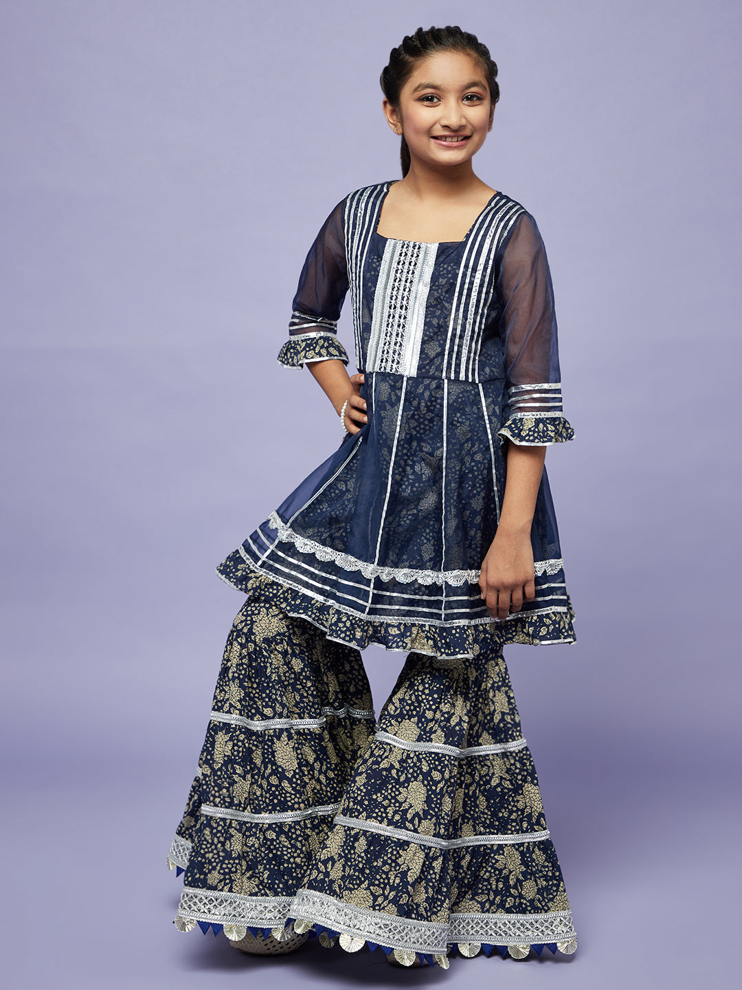 Girl's Navy Blue Floral Print Kurta Sharara With Jacket