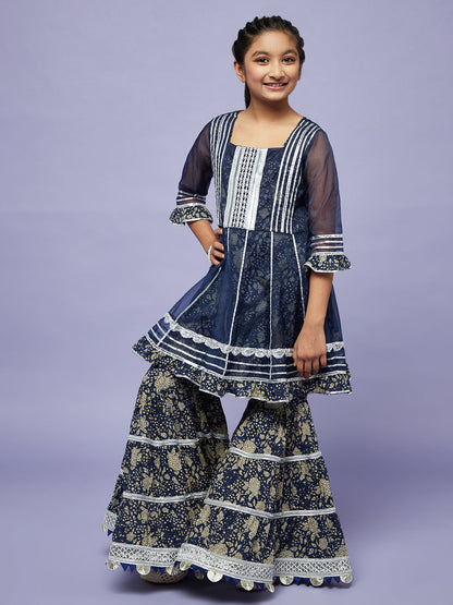 Girl's Navy Blue Floral Print Kurta Sharara With Jacket