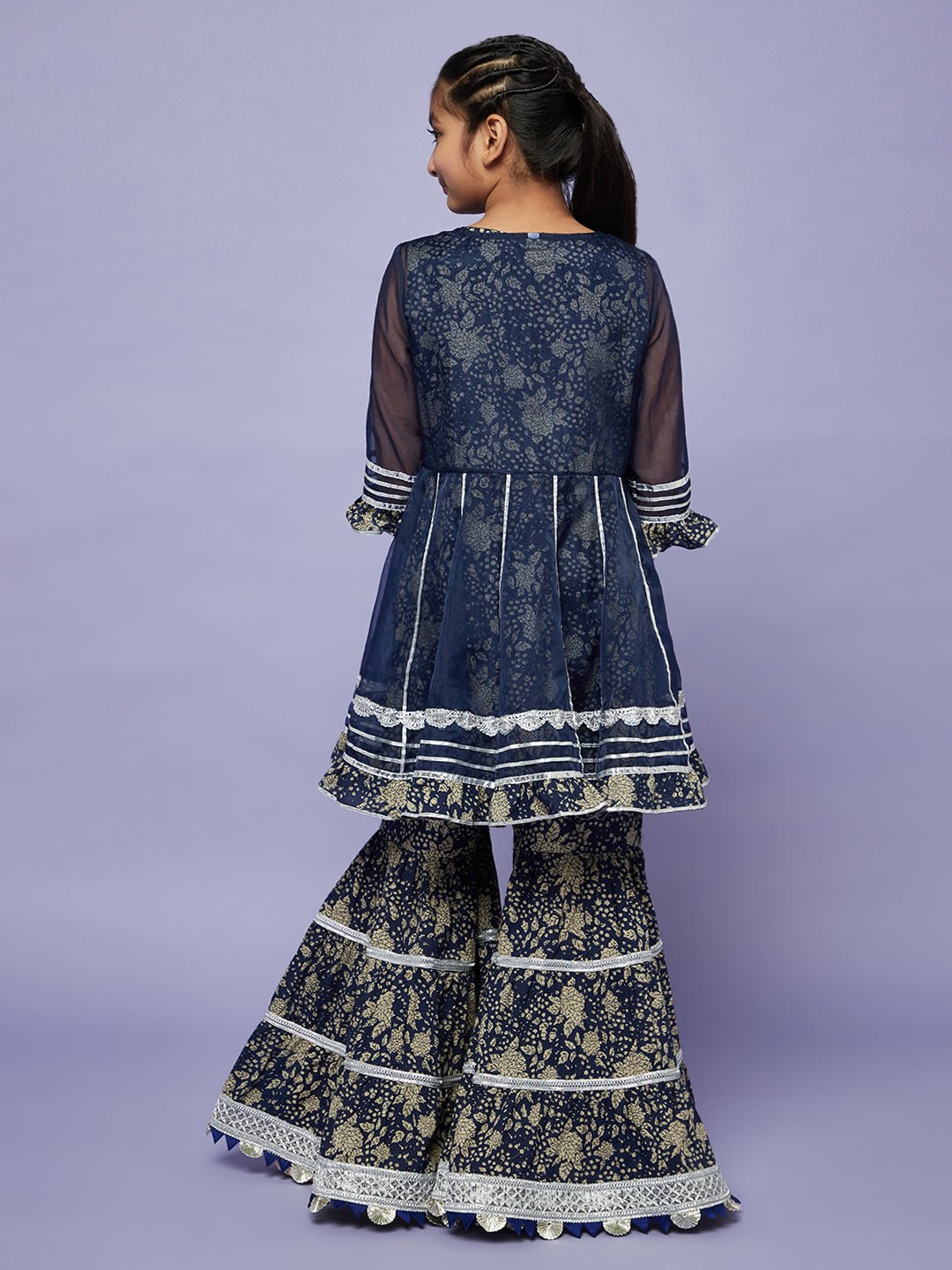 Girl's Navy Blue Floral Print Kurta Sharara With Jacket