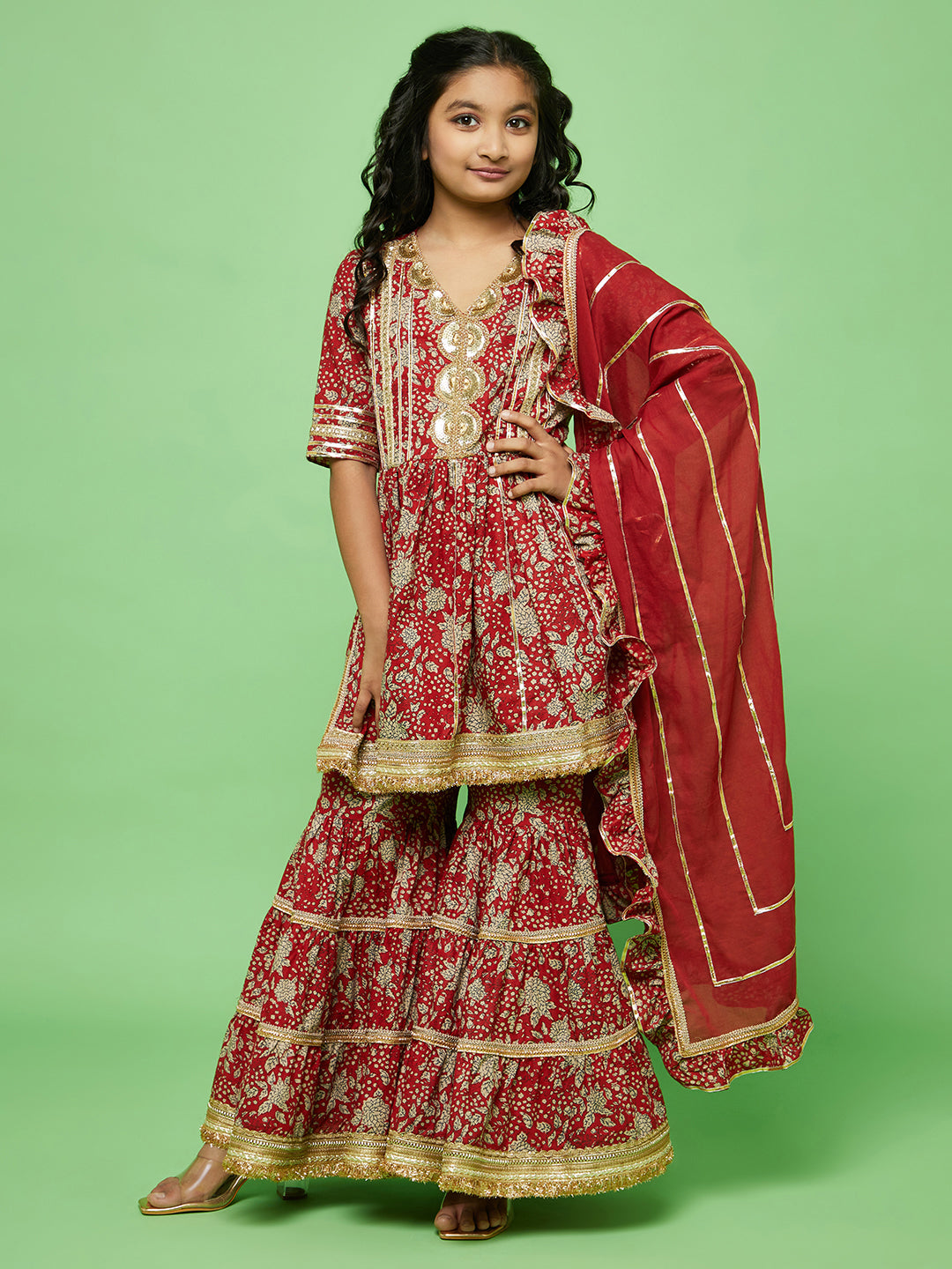 Girl's Red Floral Print Kurta Sharara With Dupatta