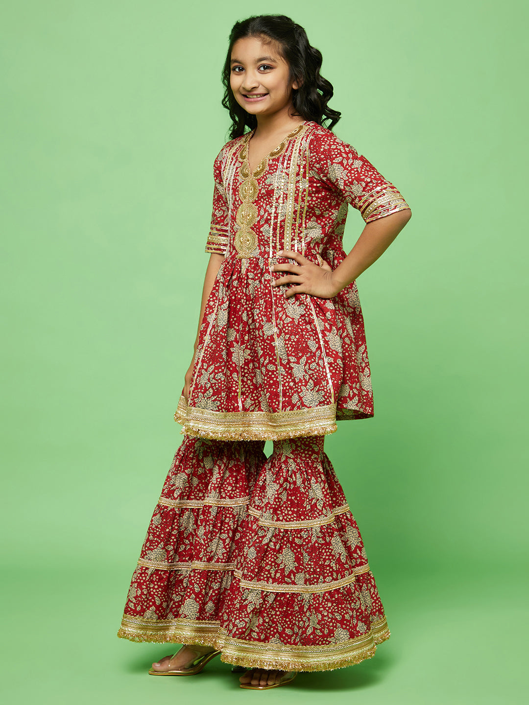 Girl's Red Floral Print Kurta Sharara With Dupatta