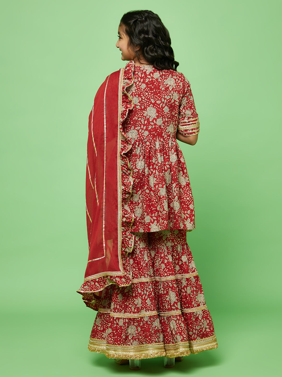 Girl's Red Floral Print Kurta Sharara With Dupatta