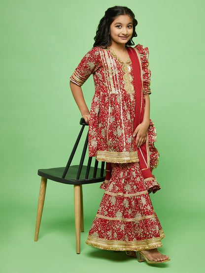 Girl's Red Floral Print Kurta Sharara With Dupatta