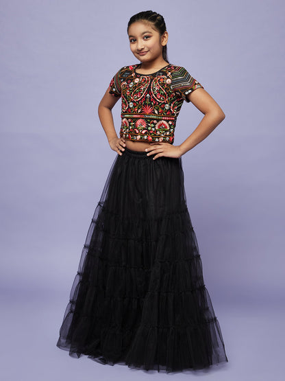 Girl's Black Embroidered Lehenga Choli