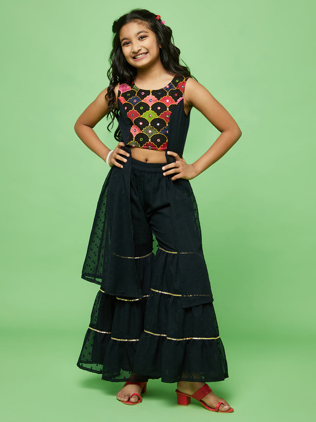 Girl's Black Embroidered Kurta With Sharara