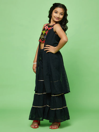 Girl's Black Embroidered Kurta With Sharara