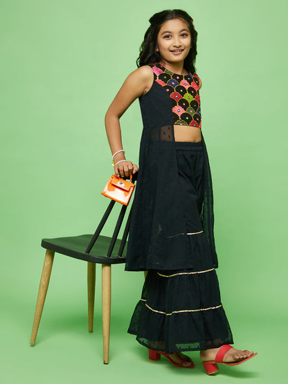 Girl's Black Embroidered Kurta With Sharara