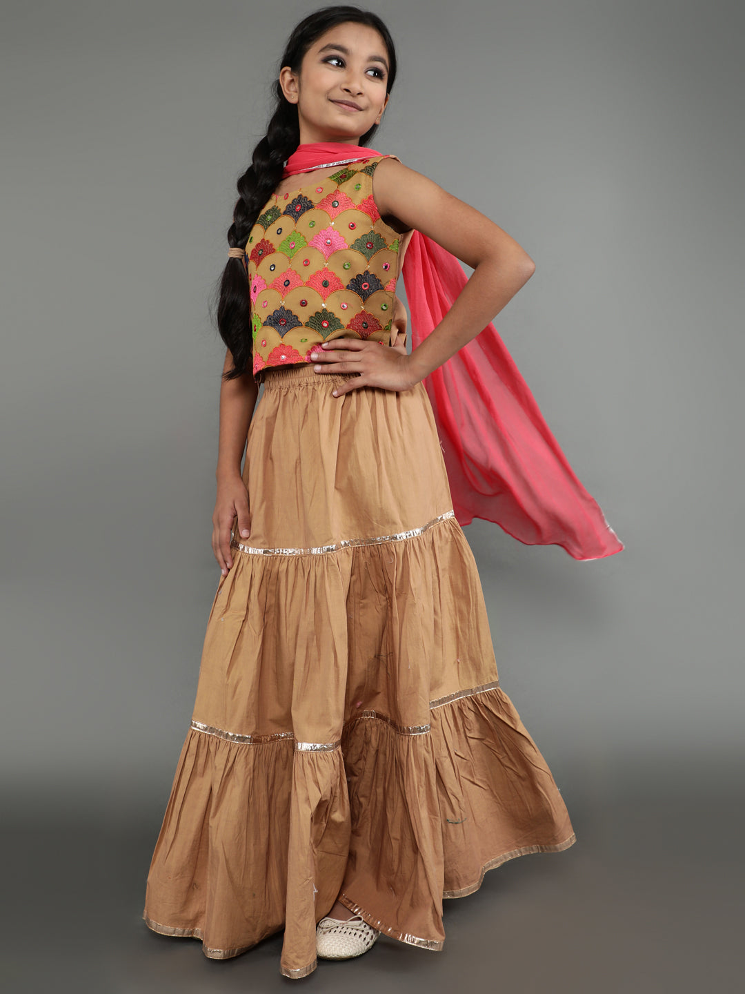 Girl's Beige Embroidered Lehenga Choli With Dupatta