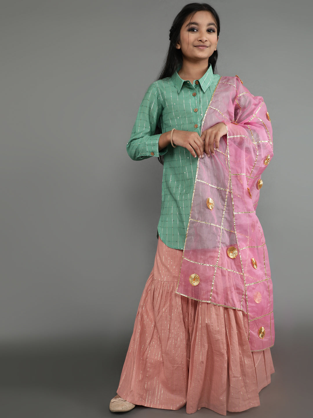 Girl's Green & Pink Sequin Kurta Lehenga With Dupatta