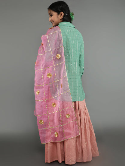 Girl's Green & Pink Sequin Kurta Lehenga With Dupatta